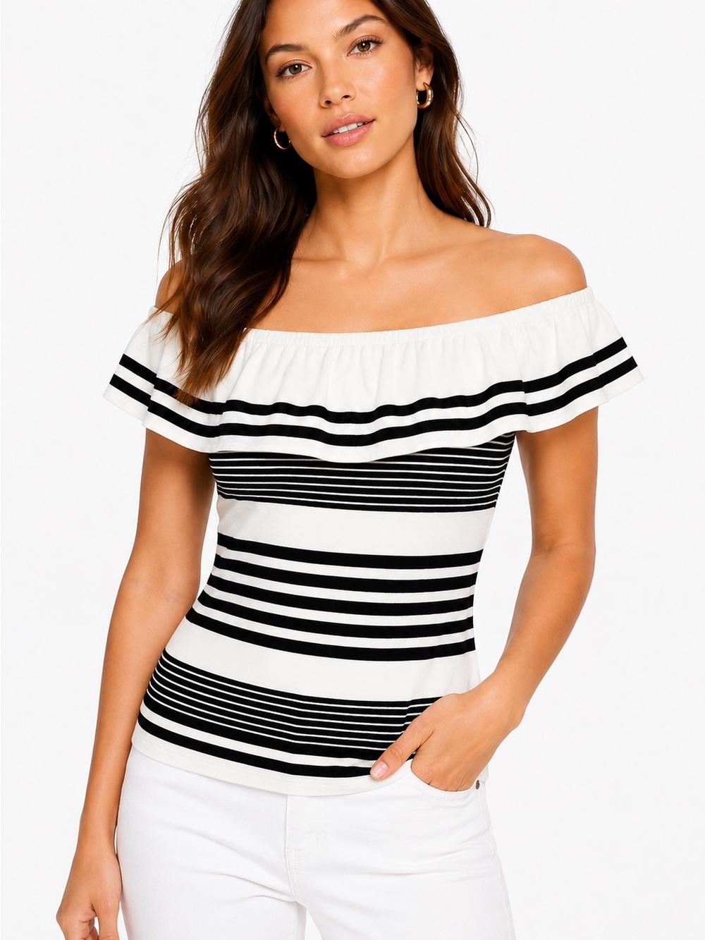 Karen Millen NWT Black White Striped Bardot Off Shoulder Top Size 8
